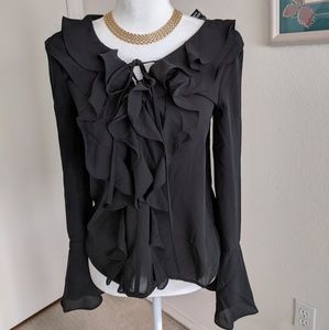 Forever 21 Black Ruffle Lace Up Long Sleeve Blouse